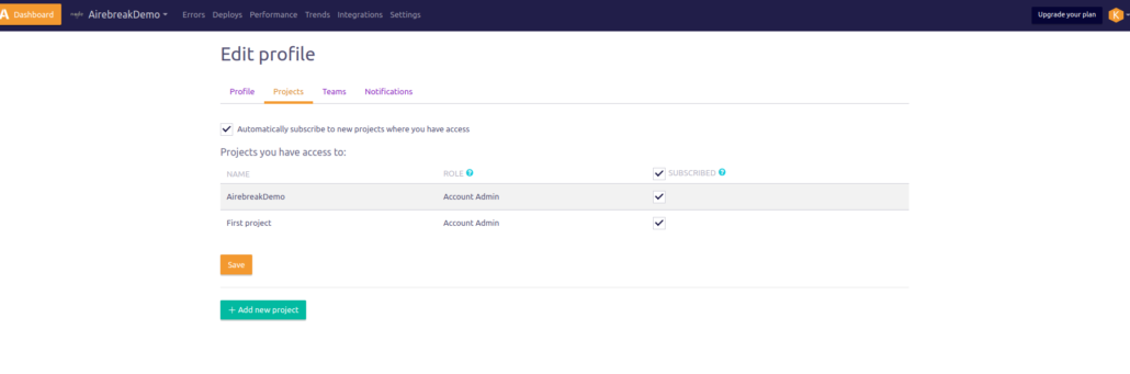 adding this project to Airbrake Node.Js